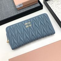 Miu Miu Large Zipper Bifold Wallet In Matelasse Nappa Leather Navy Blue