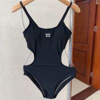 Miu Miu One-Piece Swimsuit With Logo Patch Women Cotton Black