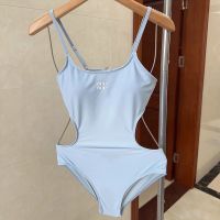 Miu Miu One-Piece Swimsuit With Logo Patch Women Cotton Blue
