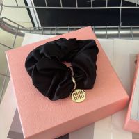 Miu Miu Scrunchie With Cut-Out Logo Pendant In Satin Black