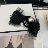 Miu Miu Scrunchie With Enamel Logo Pearl In Lace Black