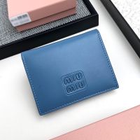 Miu Miu Small Flap Bifold Wallet With Varnished Metal Lettering Logo In Lambskin Navy Blue