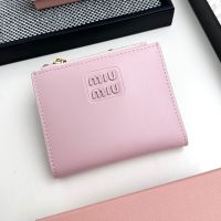 Miu Miu Small Zipper Bifold Wallet With Varnished Metal Lettering Logo In Lambskin Pink