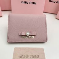 Miu Miu Small Bow Bifold Wallet With Pearls And Crystals In Madras Leather Pink