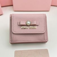 Miu Miu Small Bow Trifold Wallet With Pearls And Crystals In Madras Leather Pink
