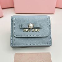 Miu Miu Small Bow Trifold Wallet With Pearls And Crystals In Madras Leather Sky Blue