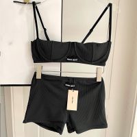 Miu Miu Swimsuit With Logo Patch Women Ribbed Knit Denim Black