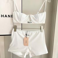 Miu Miu Swimsuit With Logo Patch Women Ribbed Knit Denim White