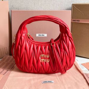 Miu Miu 5BC125 Small Wander Hobo Bag In Matelasse Nappa Leather Red