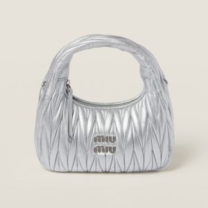 Miu Miu 5BC125 Small Wander Hobo Bag In Matelasse Nappa Leather Silver