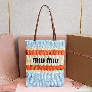 Miu Miu 5BG248 Tote Bag In Stripe Crochet Sky Blue
