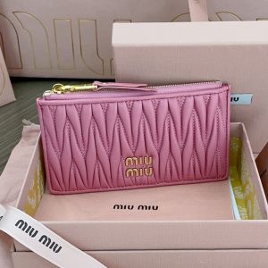 Miu Miu 5MB006 Zipper Card Holder In Matelasse Nappa Leather Pink