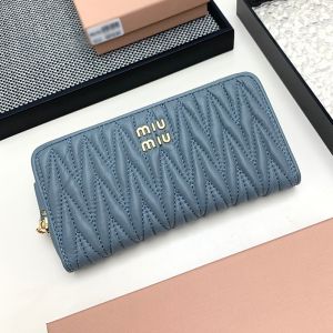 Miu Miu Large Zipper Bifold Wallet In Matelasse Nappa Leather Navy Blue