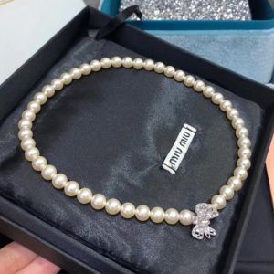Miu Miu Necklace With Crystals Bowknot Pearls In Metal Silver