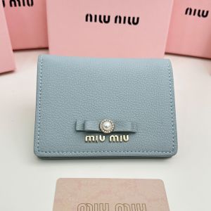 Miu Miu Small Bow Bifold Wallet With Pearls And Crystals In Madras Leather Sky Blue