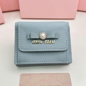 Miu Miu Small Bow Trifold Wallet With Pearls And Crystals In Madras Leather Sky Blue