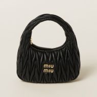 Miu Miu 5BC125 Small Wander Hobo Bag In Matelasse Nappa Leather Black