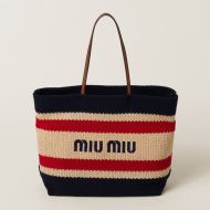 Miu Miu 5BG228 Tote Bag In Stripe Woven Fabric Navy Blue