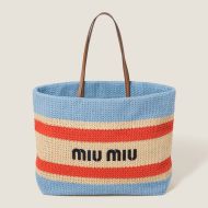 Miu Miu 5BG228 Tote Bag In Stripe Woven Fabric Sky Blue