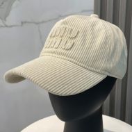 Miu Miu 5HC179 Baseball Cap With Embroidered Lettering Logo In Corduroy Beige