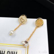 Miu Miu Asymetrical Earrings With Pearl Crystal Pendant In Metal Gold