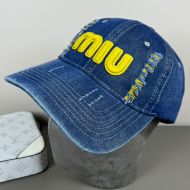 Miu Miu Baseball Cap With Large Logo In Denim Blue/Yellow