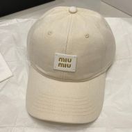 Miu Miu Baseball Cap With Square Leather Logo In Cotton Beige
