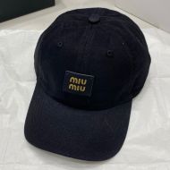 Miu Miu Baseball Cap With Square Leather Logo In Cotton Black