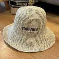 Miu Miu Bucket Hat With Embroidered Logo In Raffia Beige