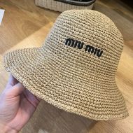 Miu Miu Bucket Hat With Embroidered Logo In Raffia Brown