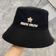 Miu Miu Bucket Hat With Embroidered Logo And Strass Pentagram In Cotton Black
