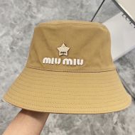 Miu Miu Bucket Hat With Embroidered Logo And Strass Pentagram In Cotton Brown