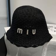 Miu Miu Bucket Hat With Strass Logo In Fabric Black