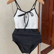 Miu Miu Color Block Swimsuit With Logo Patch Women Cotton White/Black