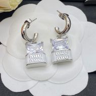 Miu Miu Earrings With Large Crystal Logo In Metal Silver/White