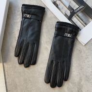 Miu Miu Gloves With Strass Logo Strap Women Lamskin Black