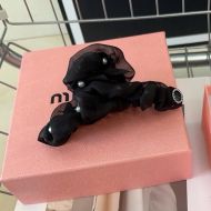 Miu Miu Hair Clip With Strass Round Logo In Plexiglass And Ribbon Black