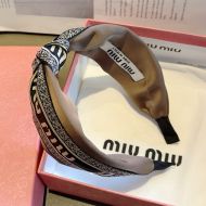 Miu Miu Headband With Embroidered Logo Satin In Cotton Brown