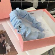 Miu Miu Headband With Enamel Logo Pearls Embellishment In Satin And Sponge Blue