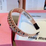 Miu Miu Headband With Enamel Logo Strass Embellishment In Cotton And Acetate Apricot