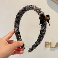 Miu Miu Headband With Metal Logo Bowknot In Cotton Black/White