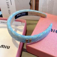 Miu Miu Headband With Metal Logo In Cotton And Sponge Blue