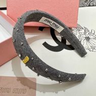 Miu Miu Headband With Metal Logo Strass Embellishment In Cotton And Sponge Grey