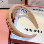 Miu Miu Headband With Metal Logo In Twill Leather And Sponge Brown