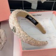 Miu Miu Headband With Strass Heart Logo In Cotton And Sponge Beige