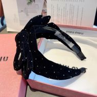 Miu Miu Headband With Strass Round Logo Bowknot In Cotton Black