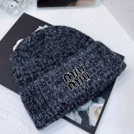 Miu Miu Knitted Hat With Strass Embroidered Logo In Wool Black