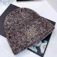 Miu Miu Knitted Hat With Strass Embroidered Logo In Wool Brown