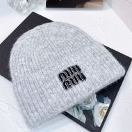 Miu Miu Knitted Hat With Strass Embroidered Logo In Wool Grey
