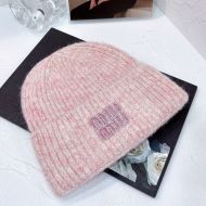 Miu Miu Knitted Hat With Strass Embroidered Logo In Wool Pink